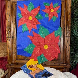 Set of 2 Jetmax Interntl Poinsettia & Reindeer Christmas Nylon Christmas Flags